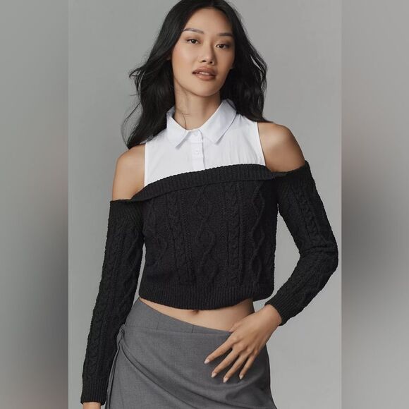 Maeve Anthropologie off shoulder cable collared twofer sweater - Picture 1 of 5